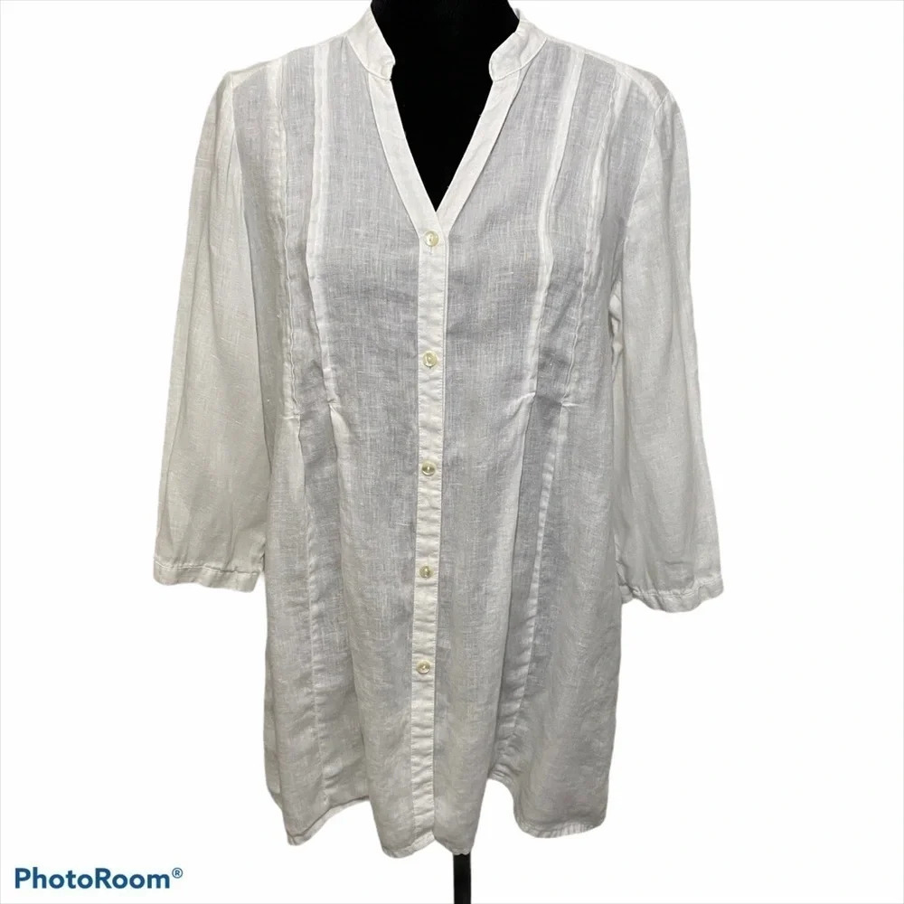J. JILL Linen 3/4 Sleeve Tunic Top White Button up